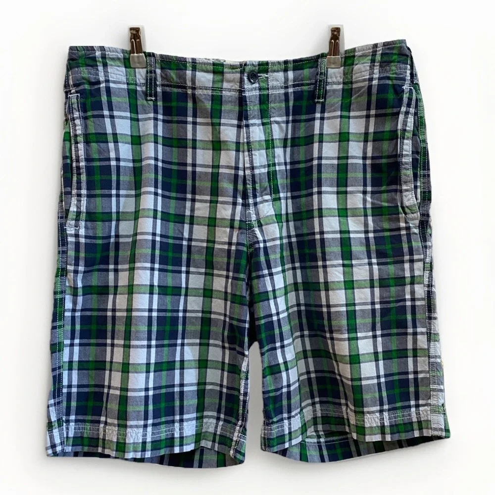 Gap Mens 36 Plaid Cotton Shorts Blue Green‎ Flat Front Casual  Preppy Gulf